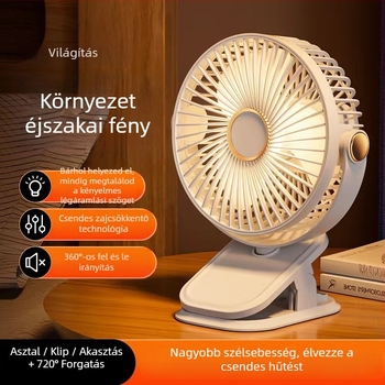 Csipeszes USB újratölthető asztali ventilátor – mini, 3 lapát, beépített akkumulátor 300–500 mAh, USB táplálás, 3 sebesség, zaj 36 dB alatt