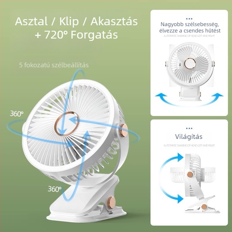 Csipeszes USB újratölthető asztali ventilátor – mini, 3 lapát, beépített akkumulátor 300–500 mAh, USB táplálás, 3 sebesség, zaj 36 dB alatt