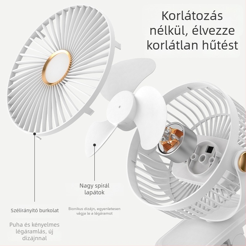 Csipeszes USB újratölthető asztali ventilátor – mini, 3 lapát, beépített akkumulátor 300–500 mAh, USB táplálás, 3 sebesség, zaj 36 dB alatt
