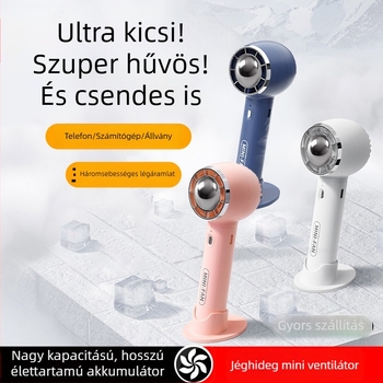 USB hordozható csendes kézi ventilátor beépített akkumulátorral, 5 lapátos ABS műanyag ház, 3 sebesség, 6–8 óra üzemidő, telefon tartó