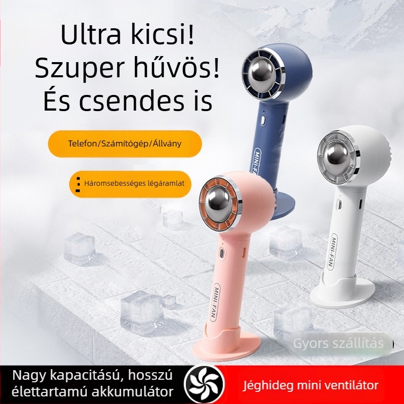 USB hordozható csendes kézi ventilátor beépített akkumulátorral, 5 lapátos ABS műanyag ház, 3 sebesség, 6–8 óra üzemidő, telefon tartó