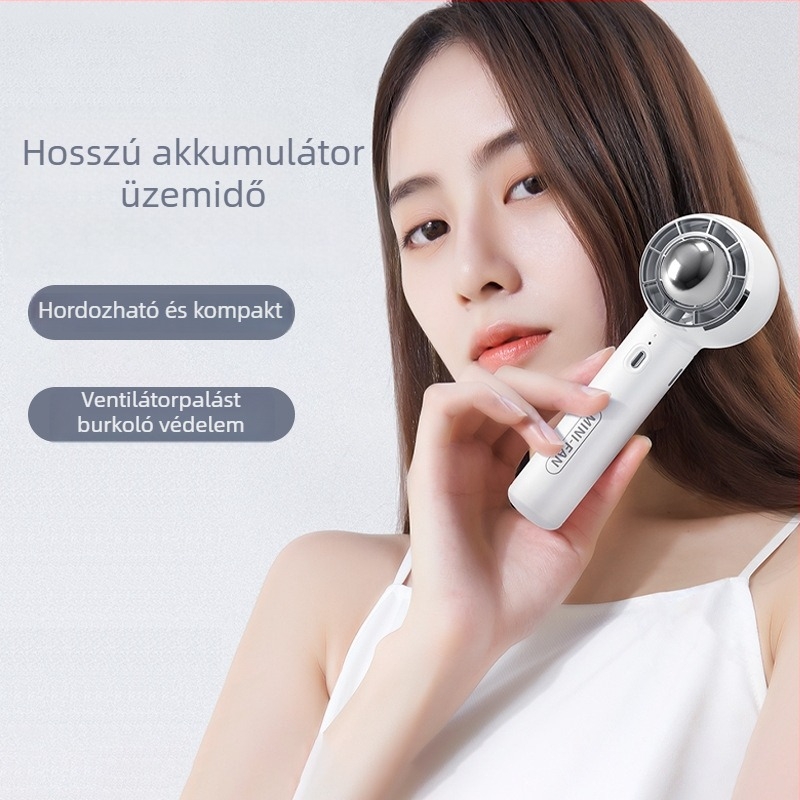USB hordozható csendes kézi ventilátor beépített akkumulátorral, 5 lapátos ABS műanyag ház, 3 sebesség, 6–8 óra üzemidő, telefon tartó