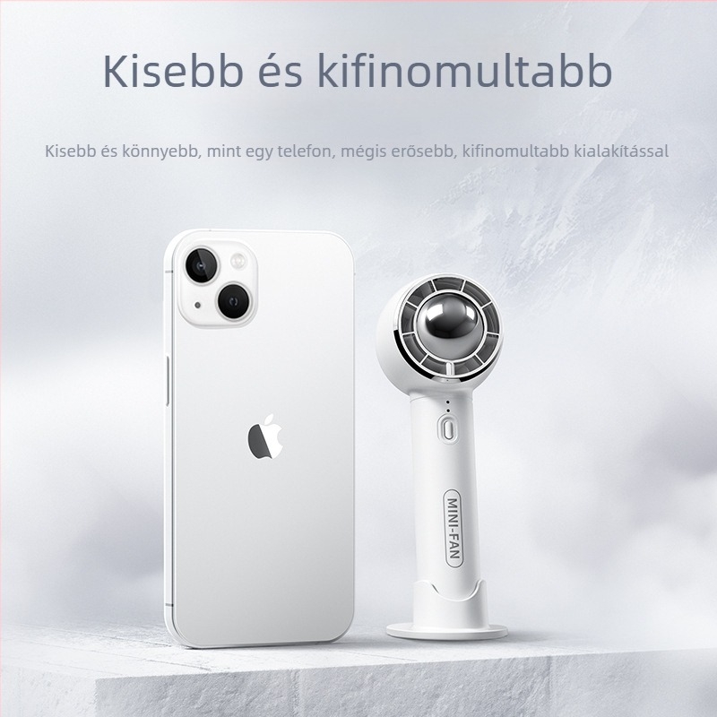 USB hordozható csendes kézi ventilátor beépített akkumulátorral, 5 lapátos ABS műanyag ház, 3 sebesség, 6–8 óra üzemidő, telefon tartó