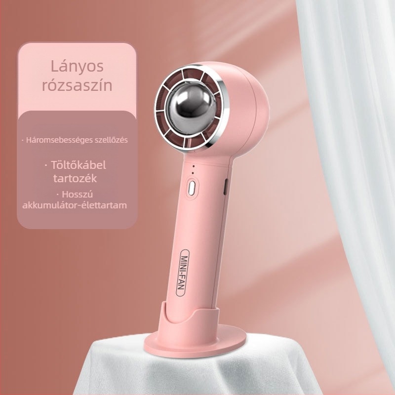 USB hordozható csendes kézi ventilátor beépített akkumulátorral, 5 lapátos ABS műanyag ház, 3 sebesség, 6–8 óra üzemidő, telefon tartó