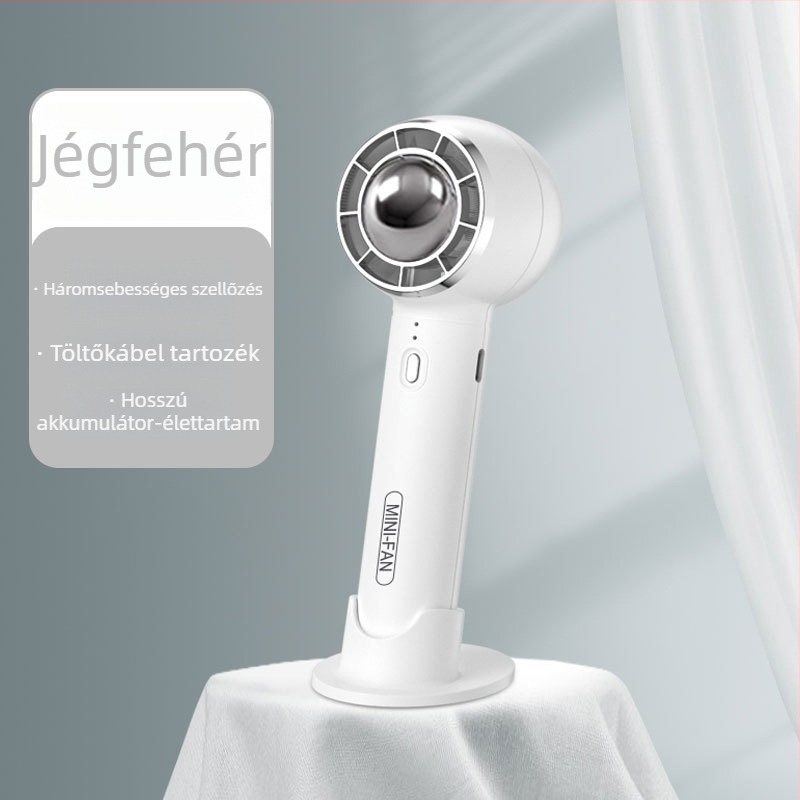 USB hordozható csendes kézi ventilátor beépített akkumulátorral, 5 lapátos ABS műanyag ház, 3 sebesség, 6–8 óra üzemidő, telefon tartó