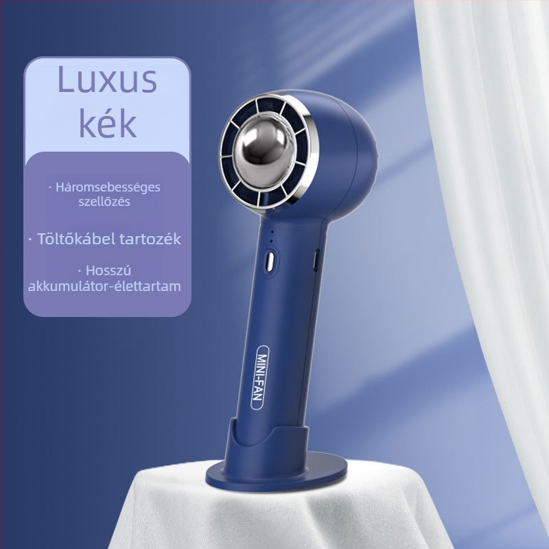USB hordozható csendes kézi ventilátor beépített akkumulátorral, 5 lapátos ABS műanyag ház, 3 sebesség, 6–8 óra üzemidő, telefon tartó