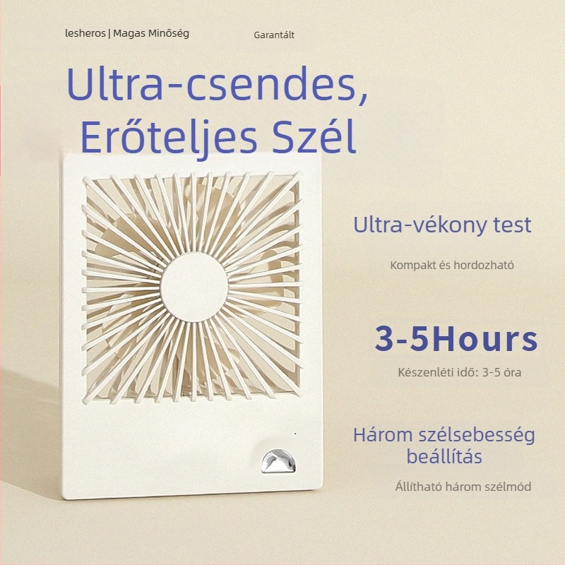 USB asztali ventilátor beépített 1200–2000 mAh-s akkumulátorral, brushless motor, ABS ház, 5 lapát, zaj ≤36 dB