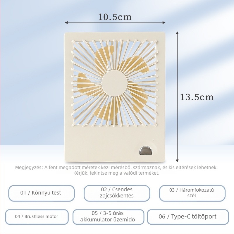 USB asztali ventilátor beépített 1200–2000 mAh-s akkumulátorral, brushless motor, ABS ház, 5 lapát, zaj ≤36 dB