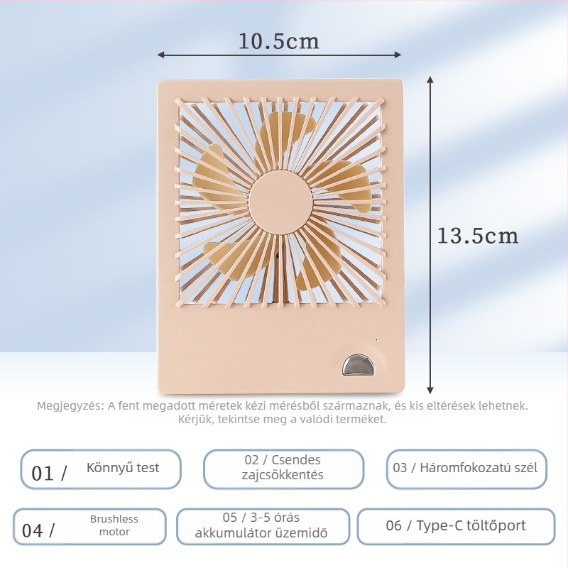 USB asztali ventilátor beépített 1200–2000 mAh-s akkumulátorral, brushless motor, ABS ház, 5 lapát, zaj ≤36 dB