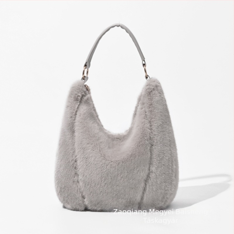 Plüss tote táska utcai stílusban, vízszintes négyzet alakú forma, cipzáras zárás