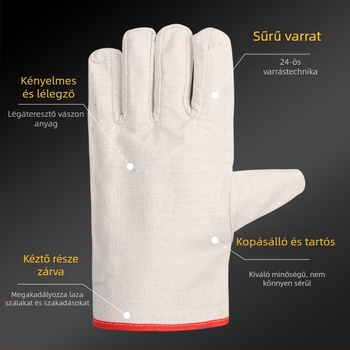 Munkakesztyű vászonból, kétrétegű, vastagított, teljes belső béléses, csúszásmentes, kopásálló, mechanikai megmunkálás és hegesztés céljára