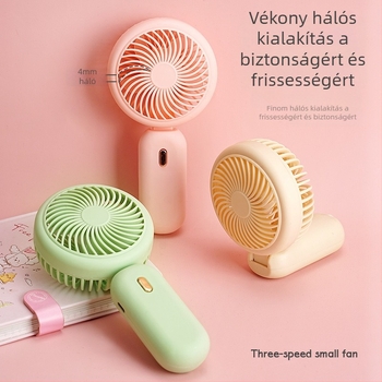 Kézben tartható USB-töltéses mini ventilátor 90°-ban összecsukható asztali ventilátor — beépített lítium akkumulátor 300–500 mAh; 5V/5W; zaj 45–50 dB; 3 sebességfokozat