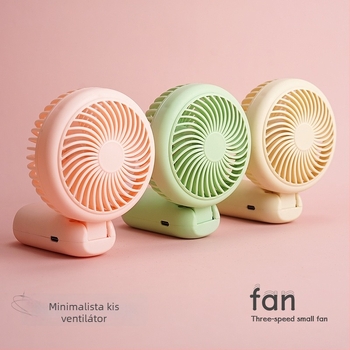 Kézben tartható USB-töltéses mini ventilátor 90°-ban összecsukható asztali ventilátor — beépített lítium akkumulátor 300–500 mAh; 5V/5W; zaj 45–50 dB; 3 sebességfokozat