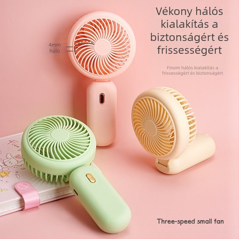 Kézben tartható USB-töltéses mini ventilátor 90°-ban összecsukható asztali ventilátor — beépített lítium akkumulátor 300–500 mAh; 5V/5W; zaj 45–50 dB; 3 sebességfokozat