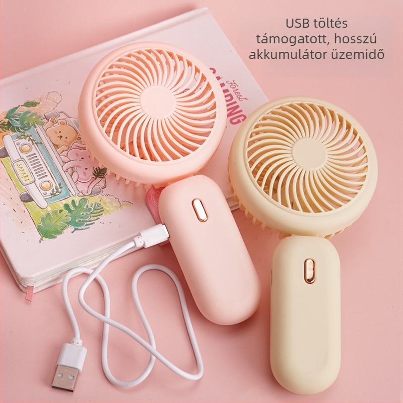 Kézben tartható USB-töltéses mini ventilátor 90°-ban összecsukható asztali ventilátor — beépített lítium akkumulátor 300–500 mAh; 5V/5W; zaj 45–50 dB; 3 sebességfokozat
