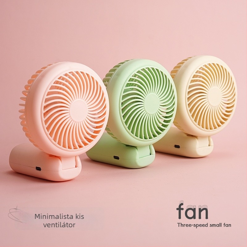 Kézben tartható USB-töltéses mini ventilátor 90°-ban összecsukható asztali ventilátor — beépített lítium akkumulátor 300–500 mAh; 5V/5W; zaj 45–50 dB; 3 sebességfokozat