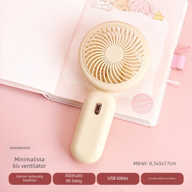 Kézben tartható USB-töltéses mini ventilátor 90°-ban összecsukható asztali ventilátor — beépített lítium akkumulátor 300–500 mAh; 5V/5W; zaj 45–50 dB; 3 sebességfokozat