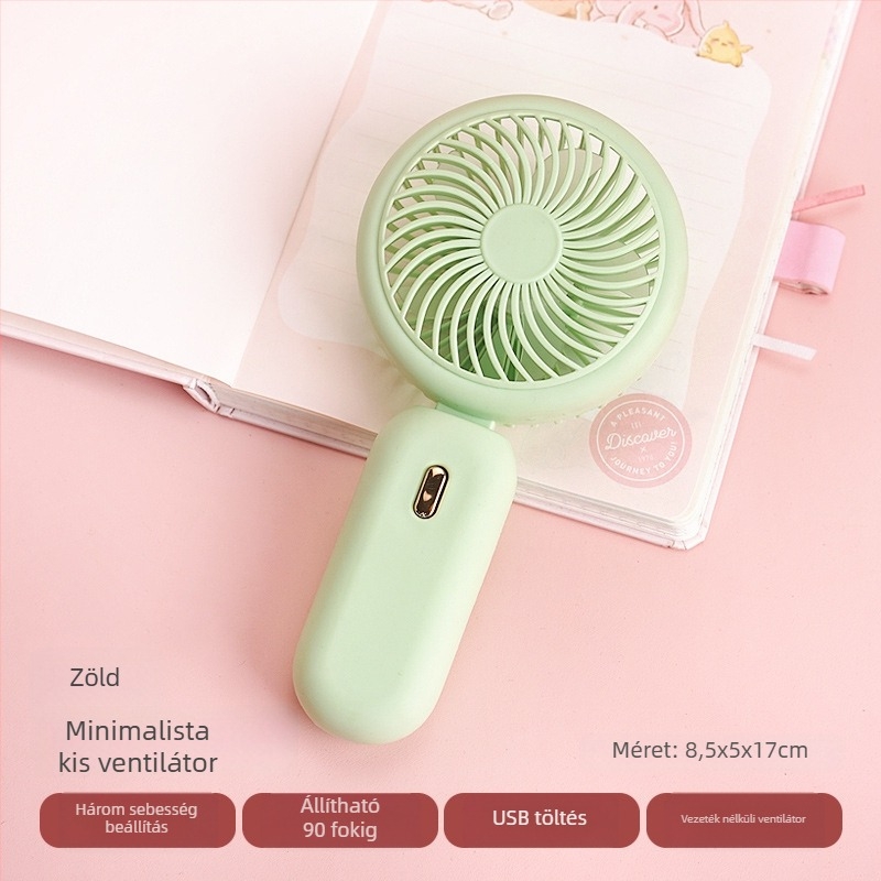 Kézben tartható USB-töltéses mini ventilátor 90°-ban összecsukható asztali ventilátor — beépített lítium akkumulátor 300–500 mAh; 5V/5W; zaj 45–50 dB; 3 sebességfokozat