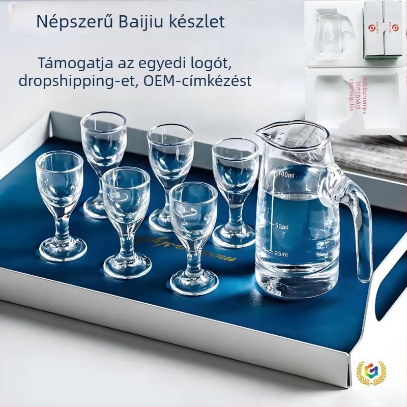 7 részes boros készlet: 6 pohár és osztó, üveg, retro stílus, egyedi logó nyomtatás