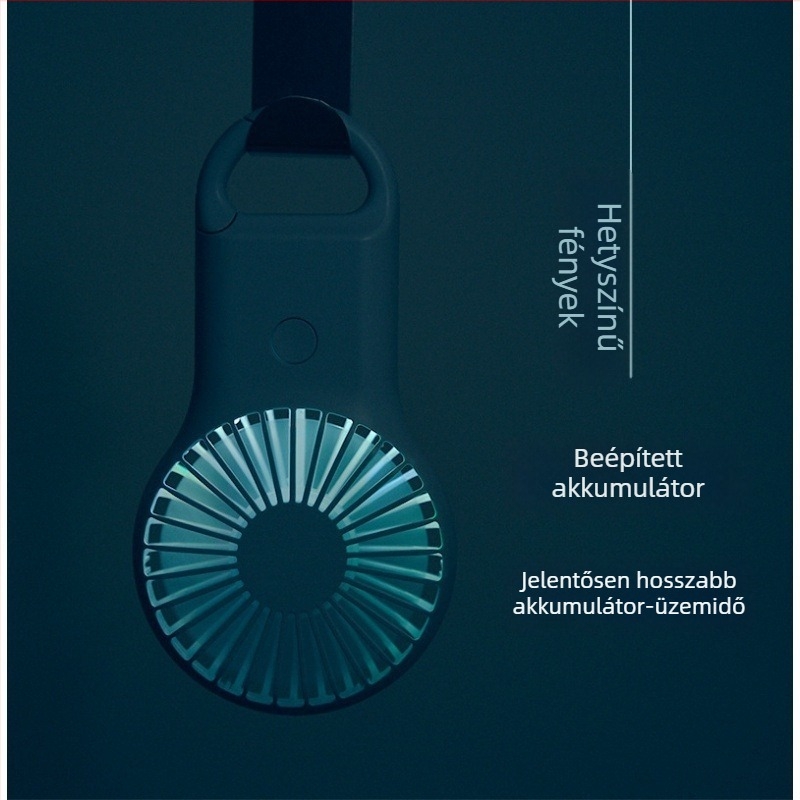 Kézi USB ventilátor karabinerrel, 5 lapát, beépített 800–1000 mAh akkumulátor, USB töltés, 3 sebesség, 3–6 óra működési idő, zaj < 36 dB
