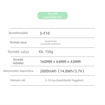 USB-töltésű hordozható turbina ventilátor, nagy sebességű, 156×64×43 mm, 5 lapát, beépített akkumulátor, 3 sebességfokozat, alacsony zaj
