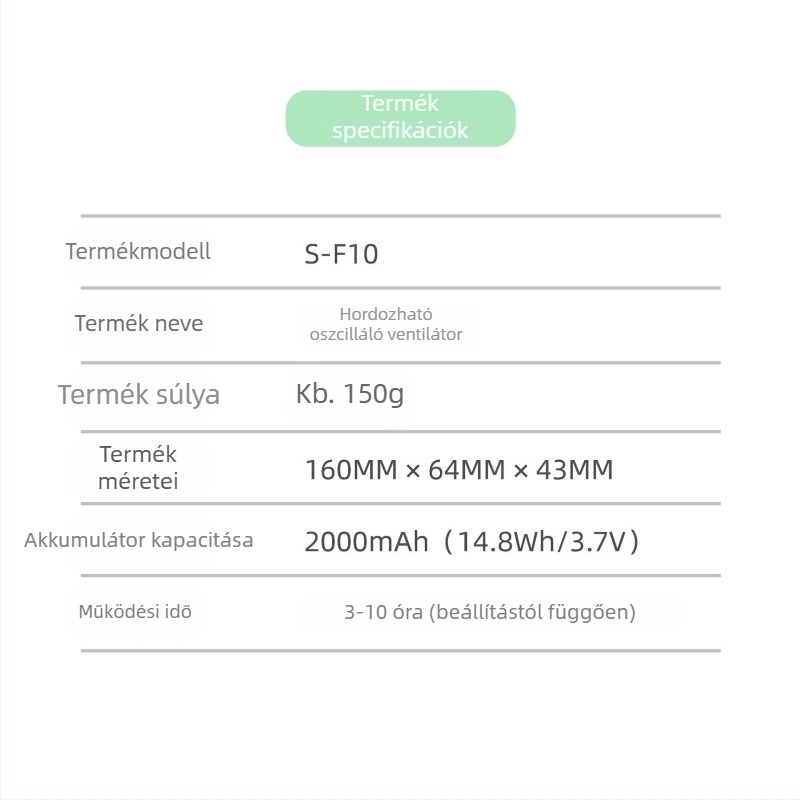 USB-töltésű hordozható turbina ventilátor, nagy sebességű, 156×64×43 mm, 5 lapát, beépített akkumulátor, 3 sebességfokozat, alacsony zaj