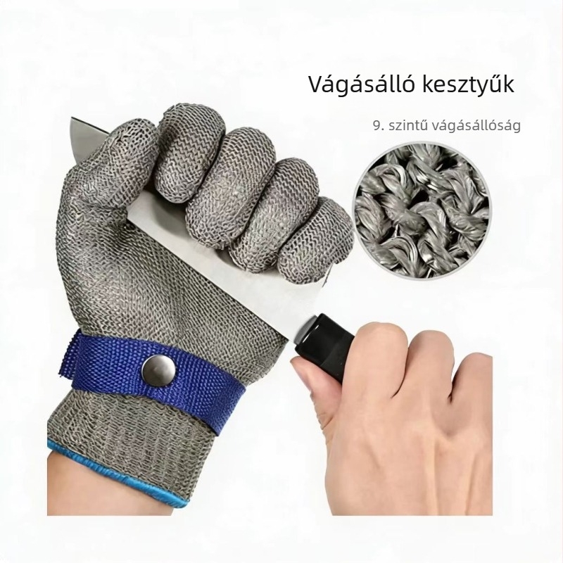 Vágásbiztos kesztyű rozsdamentes acéldróttal, ANSI 9 szintű védelem, kopásálló, csúszásmentes, strapabíró, alkalmas vágáshoz, feldolgozáshoz és mechanikus karbantartáshoz