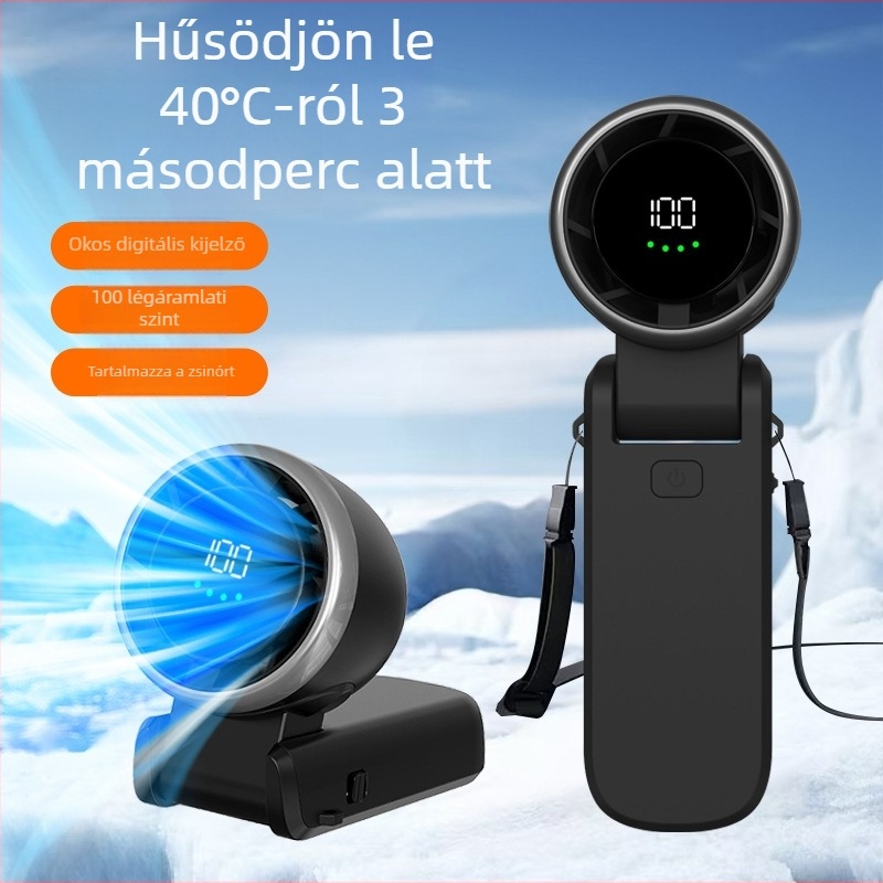 Runqi N607 Kültéri kézi ventilátor, mini összecsukható, digitális kijelző, beépített 2000-4000 mAh-s akkumulátor, ABS burkolat, BLDC motor, USB, méretek 58x50x170 mm, 220 g, 100 szint nélküli sebességszabályozás