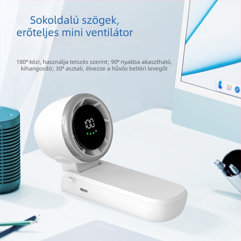 Runqi N607 Kültéri kézi ventilátor, mini összecsukható, digitális kijelző, beépített 2000-4000 mAh-s akkumulátor, ABS burkolat, BLDC motor, USB, méretek 58x50x170 mm, 220 g, 100 szint nélküli sebességszabályozás