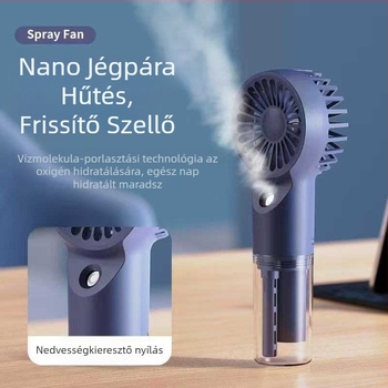 Mini permetezős ventilátor beépített 500–800 mAh akkumulátorral, USB töltéssel, 3 lapáttal, 4 sebességfokozattal, zaj 36 dB alatt