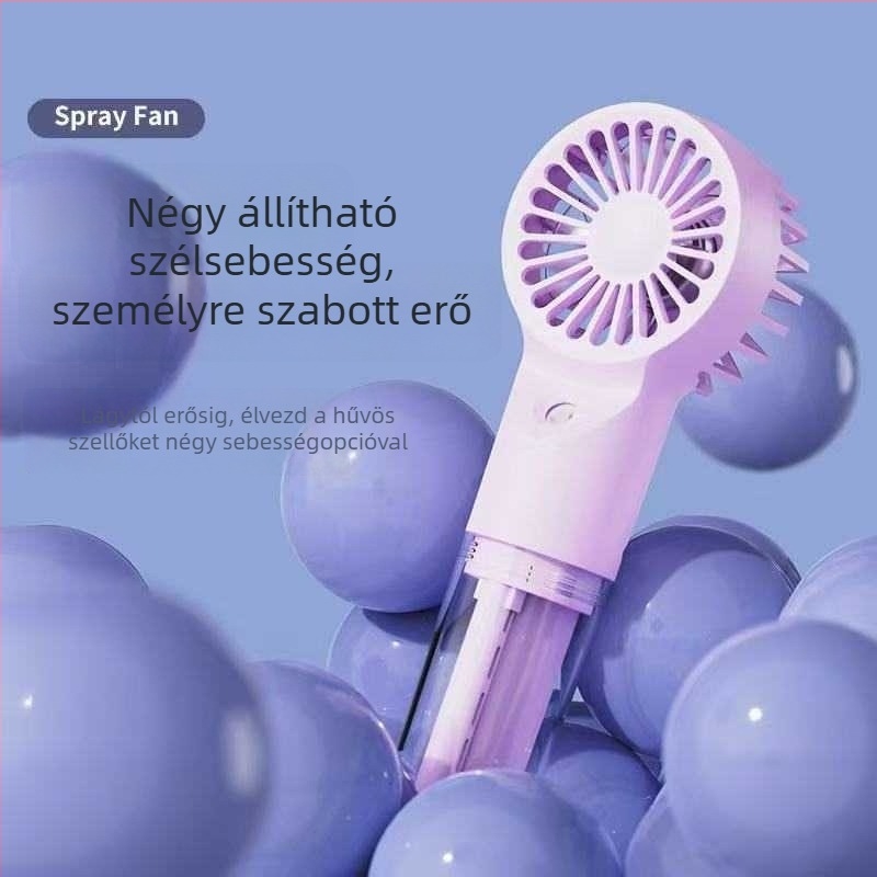 Mini permetezős ventilátor beépített 500–800 mAh akkumulátorral, USB töltéssel, 3 lapáttal, 4 sebességfokozattal, zaj 36 dB alatt