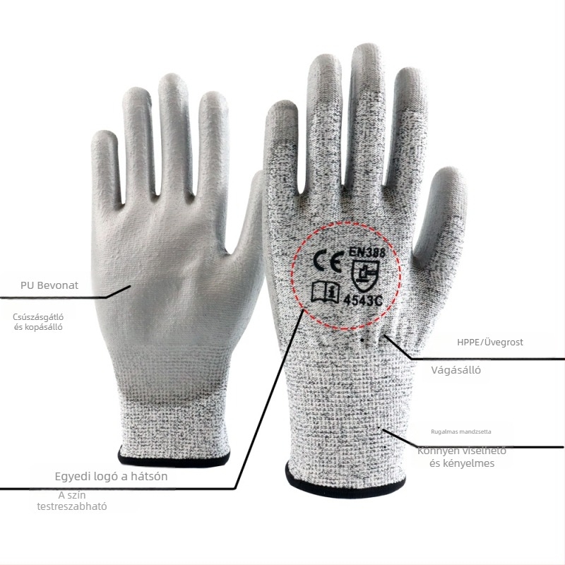 Sonas 5 szintű vágásálló kesztyű HPPE + PU ragasztóval, építéshez, hegesztéshez és ipari felhasználásra – CE tanúsítvány; OEM/ODM támogatás