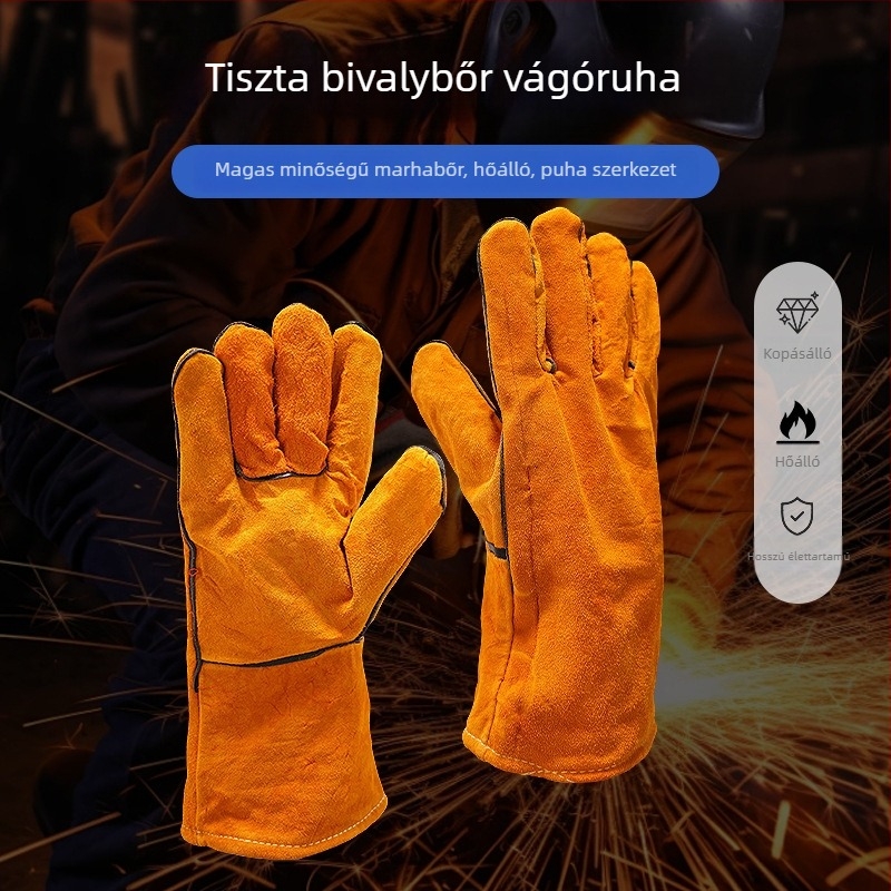 Hegesztő kesztyűk - varrat nélküli, puha tehénbőr, anti égés, magas hőmérséklet-állóság, kopásálló