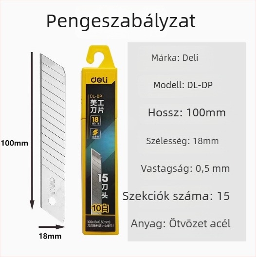 Deli DL018 ötvözött acél művészeti kés, penge 0,5×18×100 mm, tömeg 70 g