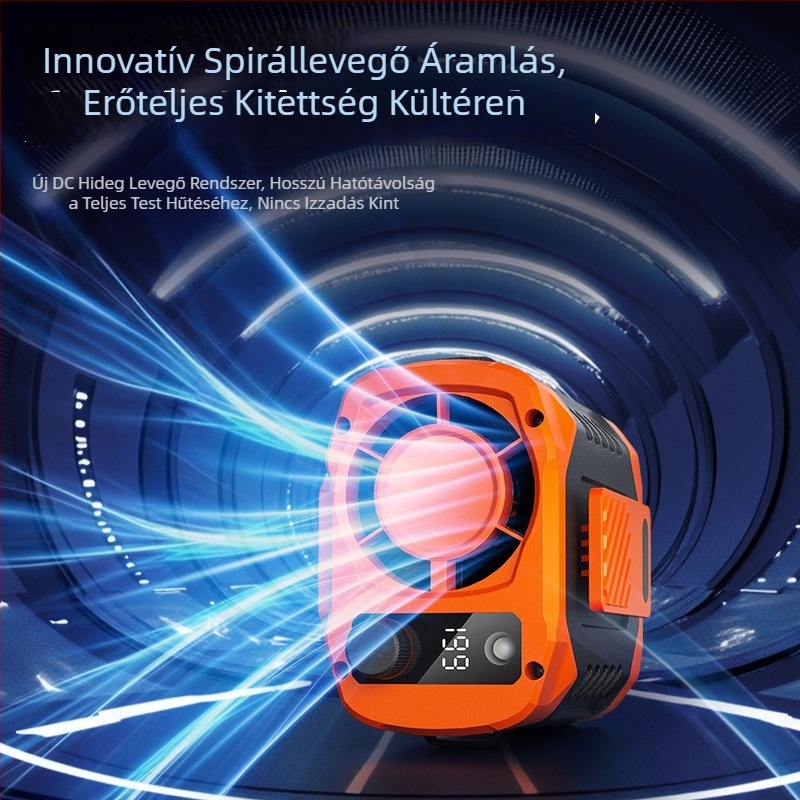 Derékra rögzíthető ventilátor klipsszel, beépített akkumulátor 300–500 mAh, 6 lapát, brushless motor, LED világítás, USB töltés