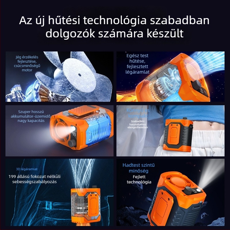 Derékra rögzíthető ventilátor klipsszel, beépített akkumulátor 300–500 mAh, 6 lapát, brushless motor, LED világítás, USB töltés