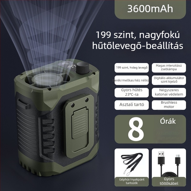 Derékra rögzíthető ventilátor klipsszel, beépített akkumulátor 300–500 mAh, 6 lapát, brushless motor, LED világítás, USB töltés