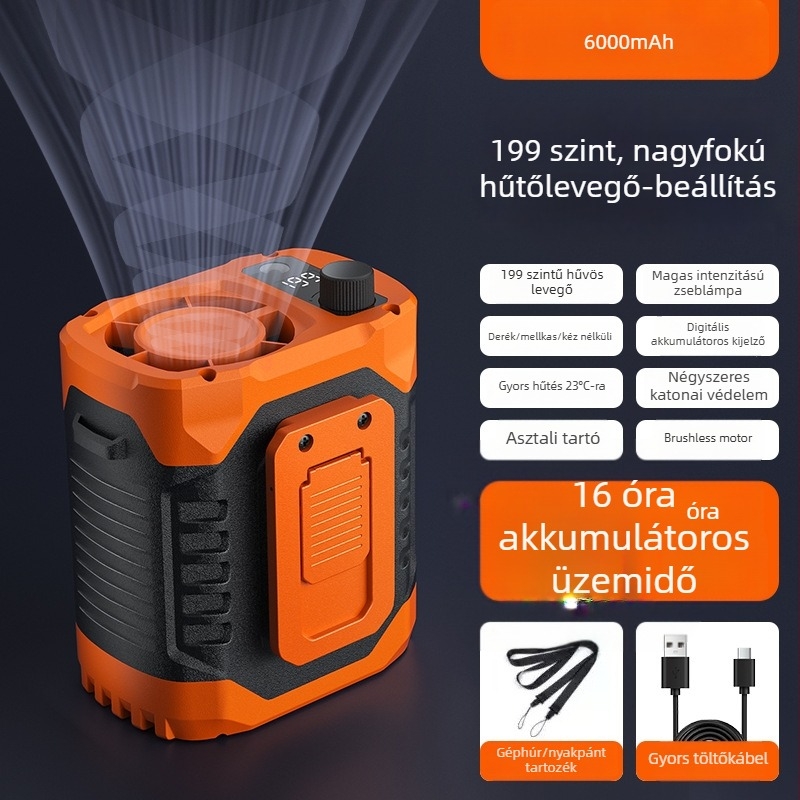 Derékra rögzíthető ventilátor klipsszel, beépített akkumulátor 300–500 mAh, 6 lapát, brushless motor, LED világítás, USB töltés