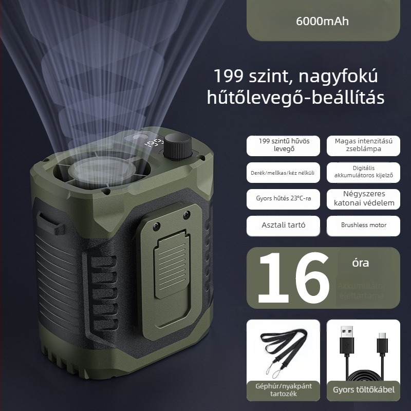 Derékra rögzíthető ventilátor klipsszel, beépített akkumulátor 300–500 mAh, 6 lapát, brushless motor, LED világítás, USB töltés