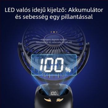 USB töltésű klipventilátor digitális kijelzővel, hordozható mini asztali ventilátor kollégiumhoz, beépített 6000mAh akkumulátor, 5 lapát, szénkefe nélküli motor, 5 sebesség