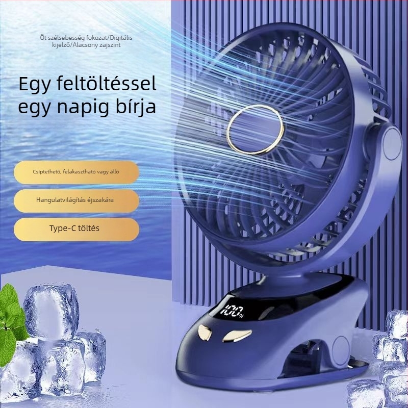 USB töltésű klipventilátor digitális kijelzővel, hordozható mini asztali ventilátor kollégiumhoz, beépített 6000mAh akkumulátor, 5 lapát, szénkefe nélküli motor, 5 sebesség