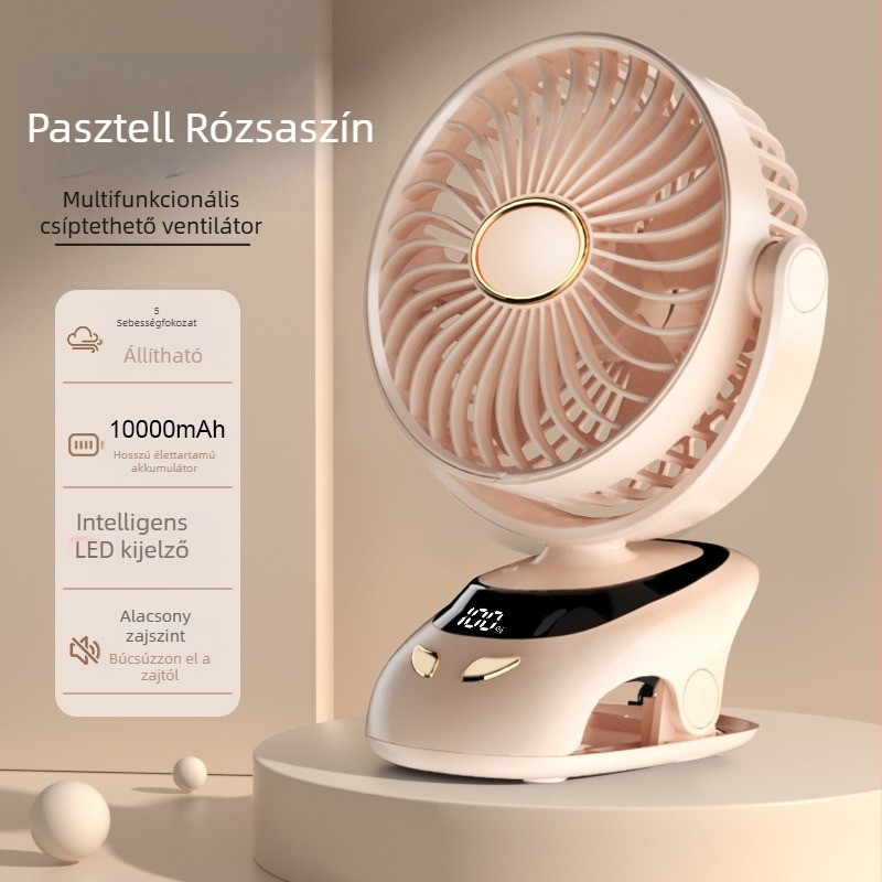 USB töltésű klipventilátor digitális kijelzővel, hordozható mini asztali ventilátor kollégiumhoz, beépített 6000mAh akkumulátor, 5 lapát, szénkefe nélküli motor, 5 sebesség