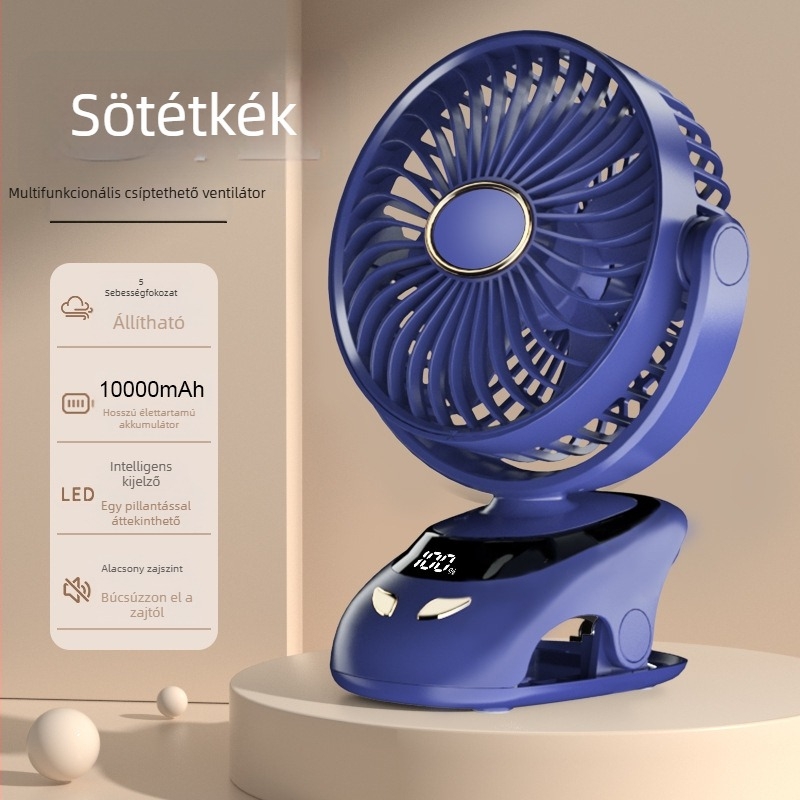 USB töltésű klipventilátor digitális kijelzővel, hordozható mini asztali ventilátor kollégiumhoz, beépített 6000mAh akkumulátor, 5 lapát, szénkefe nélküli motor, 5 sebesség