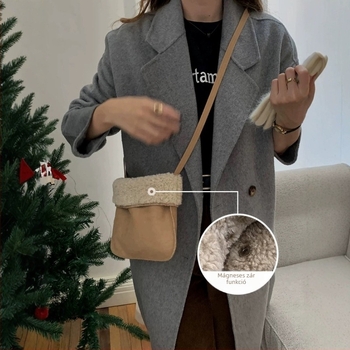 Crossbody négyszögletes telefontáska plüss anyagból, nylon béléssel, mágneses zárással és dedikált telefontartó zsebbel