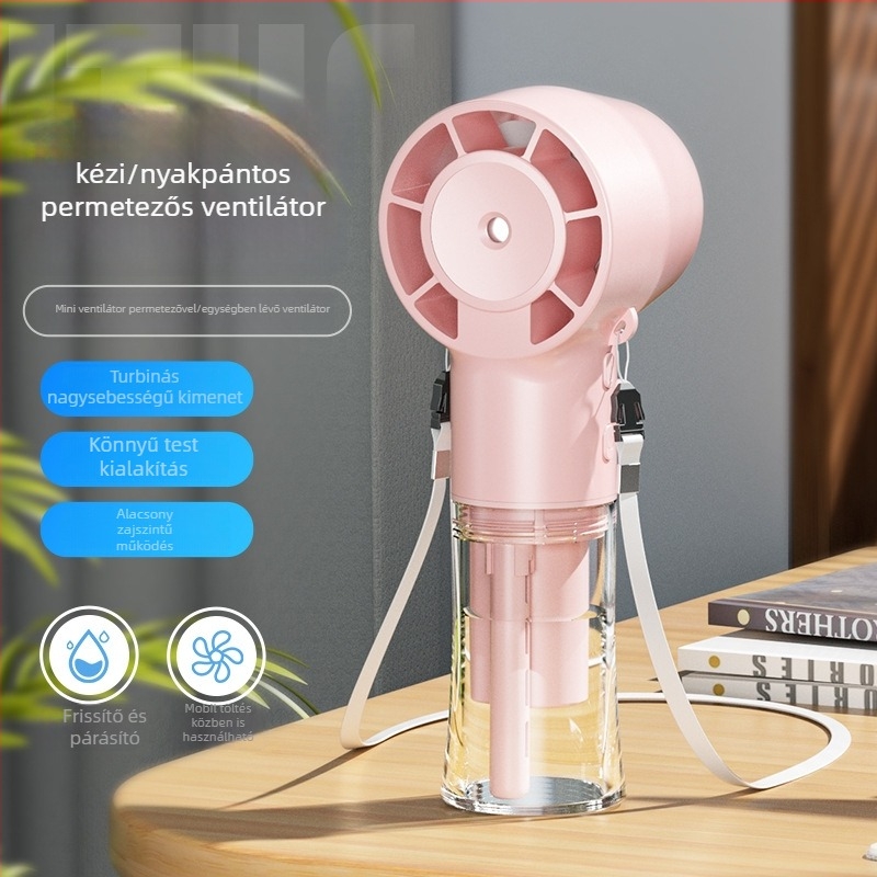 F10 Kézben tartható permetező ventilátor, USB-töltés, 1000–1200 mAh akkumulátor, 3 sebességfokozat, 6+ lapát, permetező funkció