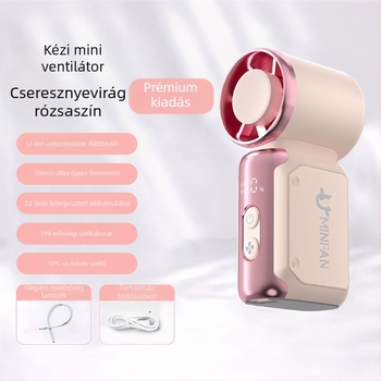 Kézben tartható USB-töltéses ventillátor, brushless motor, beépített 4000–6000 mAh akkumulátor, 6 penge, lépés nélküli sebességszabályozás
