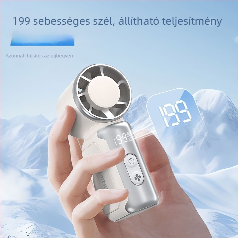 Kézben tartható USB-töltéses ventillátor, brushless motor, beépített 4000–6000 mAh akkumulátor, 6 penge, lépés nélküli sebességszabályozás
