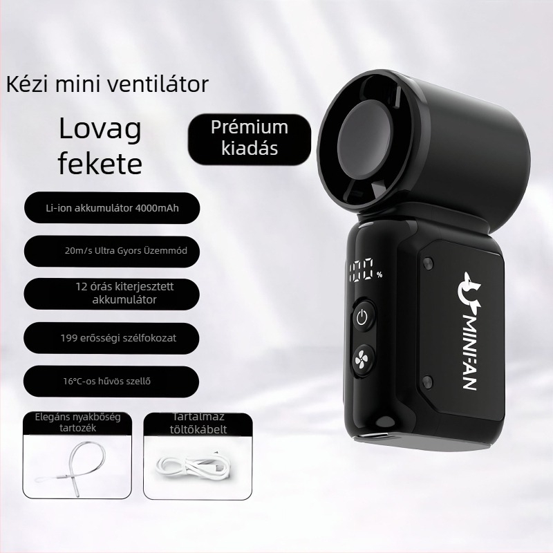Kézben tartható USB-töltéses ventillátor, brushless motor, beépített 4000–6000 mAh akkumulátor, 6 penge, lépés nélküli sebességszabályozás