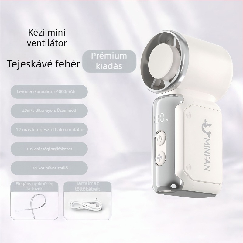 Kézben tartható USB-töltéses ventillátor, brushless motor, beépített 4000–6000 mAh akkumulátor, 6 penge, lépés nélküli sebességszabályozás