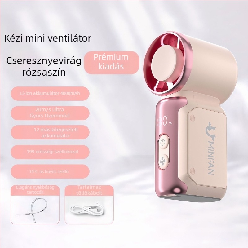 Kézben tartható USB-töltéses ventillátor, brushless motor, beépített 4000–6000 mAh akkumulátor, 6 penge, lépés nélküli sebességszabályozás